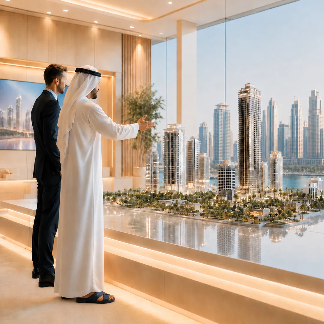 Real estate professionals reviewing a premium Dubai development model